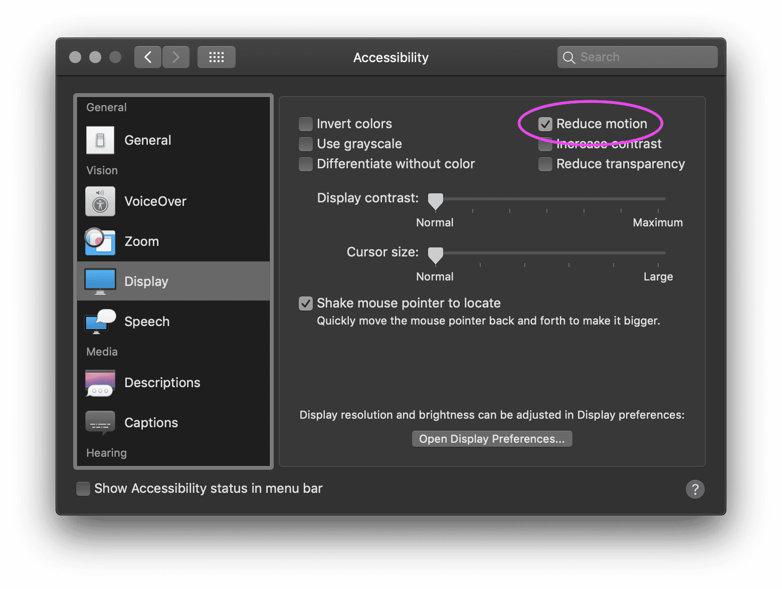 A macOS system preferences screen with the "Reduce motion" checkbox checked