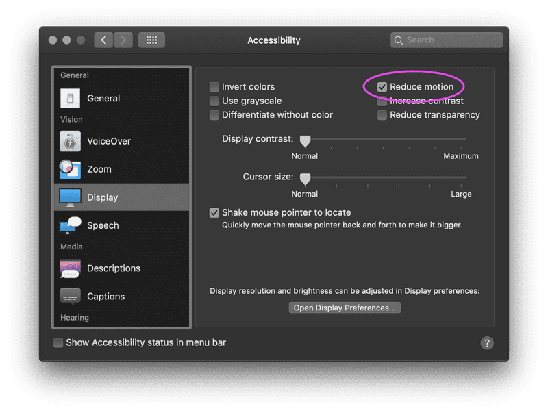 Image of reduce motion setting in macos accessibility settings